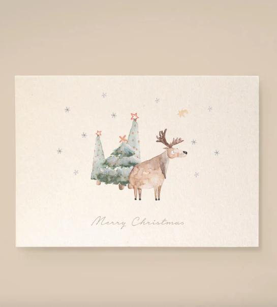 Leevje Karte Rentier mit Bäumen „Merry Christmas“