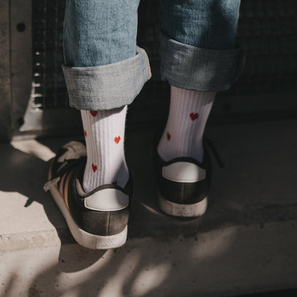 Eulenschnitt Socken Allover Herzen rot